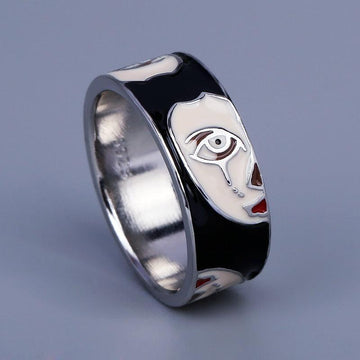 Creative Fashion Irregular Half Face Exaggerated Black and White Handmade Enamel Ring - The Jewellery Supermarket